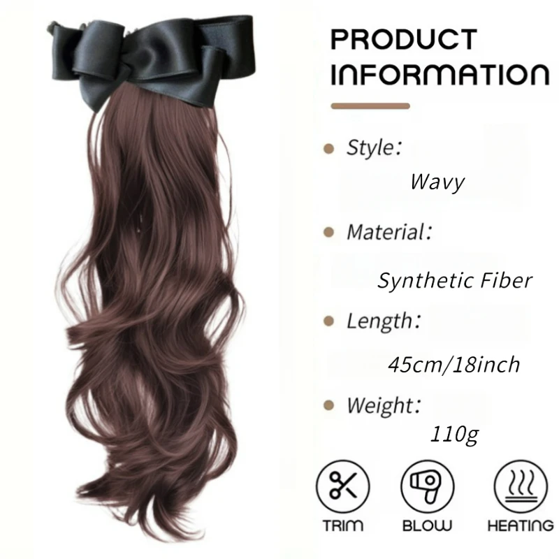 Color: #1, Stretched Length: 18inches - Elegant Synthetic Silk Bowknot Banana Claw Clip Ponytail Wig With Grab Clip Long Wavy Layered Ponytail for Women Daily Use