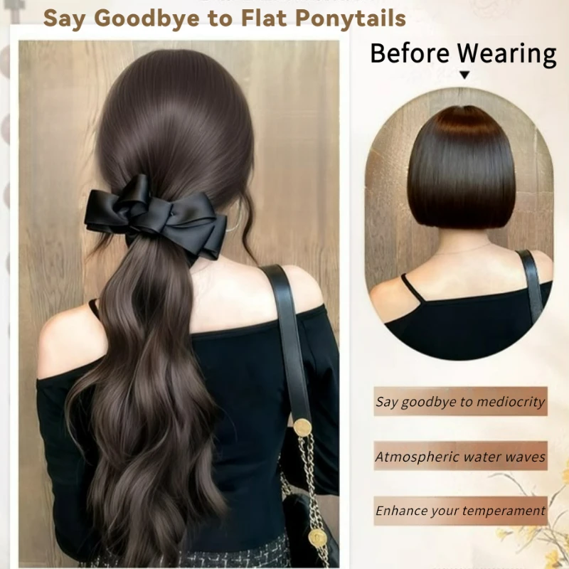 Color: #1, Stretched Length: 18inches - Elegant Synthetic Silk Bowknot Banana Claw Clip Ponytail Wig With Grab Clip Long Wavy Layered Ponytail for Women Daily Use