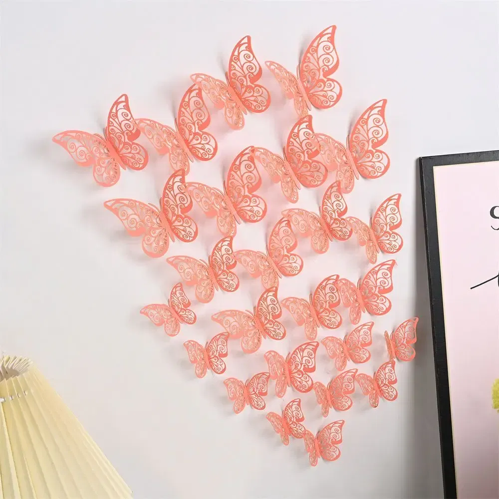 Color: Dark Khaki - 12 Pieces 3D Hollow Butterfly Wall Sticker Bedroom Living Room Home Decoration Paper Butterfly