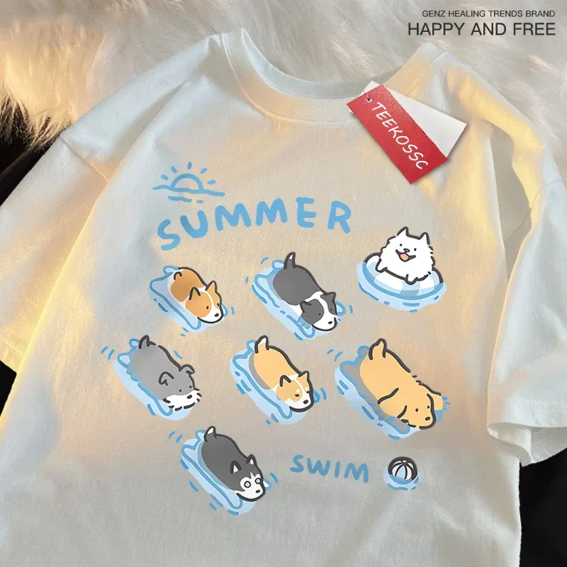 Color: WHITE, Size: L - Fun Cat And Dog Swimming Japanese Style T-Shirt Female Casual Loose T-Shirts Summer Cotton Tops Fashion Breathable Tee Clothing