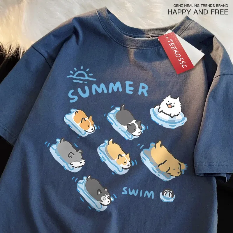 Color: WHITE, Size: L - Fun Cat And Dog Swimming Japanese Style T-Shirt Female Casual Loose T-Shirts Summer Cotton Tops Fashion Breathable Tee Clothing