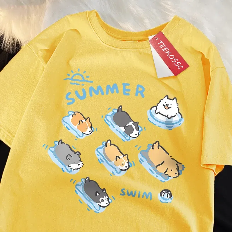 Color: WHITE, Size: L - Fun Cat And Dog Swimming Japanese Style T-Shirt Female Casual Loose T-Shirts Summer Cotton Tops Fashion Breathable Tee Clothing