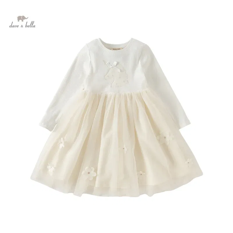 Color: Beige, Kid Size: 7 - Dave Bella Girl's Dress Children's Kids' 2024 New Spring Princess Dress Charm Sweet Gentle Fashion Mesh Party Outdoor DK1248740