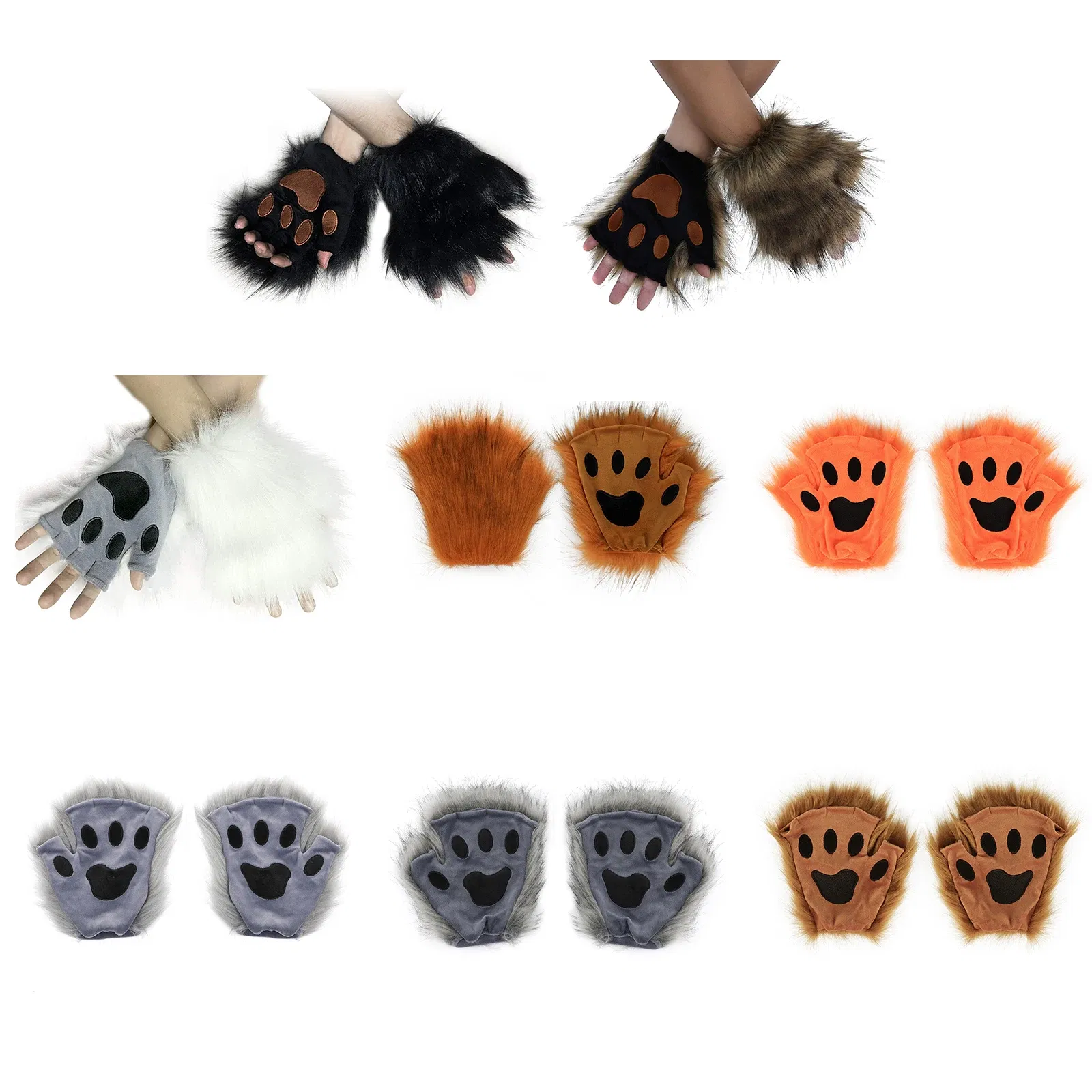 Color: WHITE, Gloves Size: One Size - Wolf Paw Gloves Faux Fur Cat Fingerless Mittens Winter Warm Cosplay Halloween Fancy Party Costume Accessories