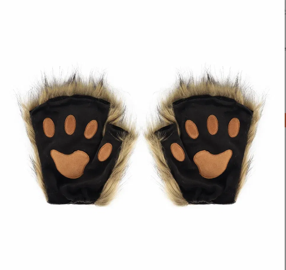 Color: WHITE, Gloves Size: One Size - Wolf Paw Gloves Faux Fur Cat Fingerless Mittens Winter Warm Cosplay Halloween Fancy Party Costume Accessories