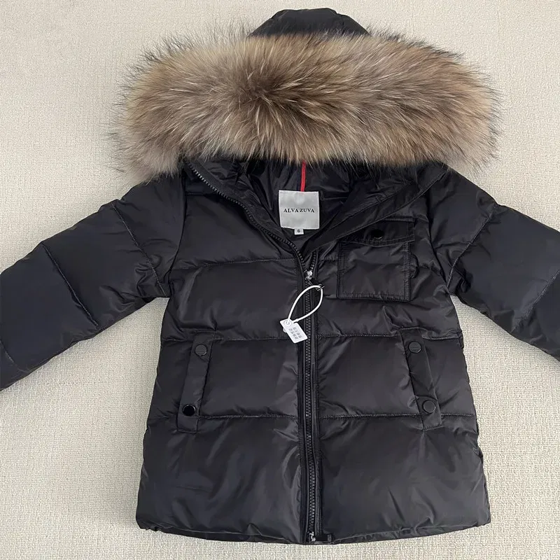 Color: Brown, Kid Size: 4T - Kids Winter Down Jacket Shiny Real Raccoon Fur Collar Toddler Boys Hooded Coat Baby Girls Warm Snowsuit Children's Parkas