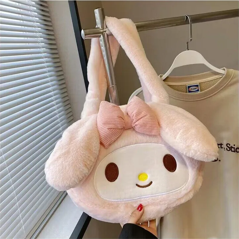 Color: Black - Kawaii Sanrio Plush Cinnamoroll Melody Kuromi Tote Handbags Shoulder Bags Women Fashion Female Messenger Bag Purses Xmas Gifts