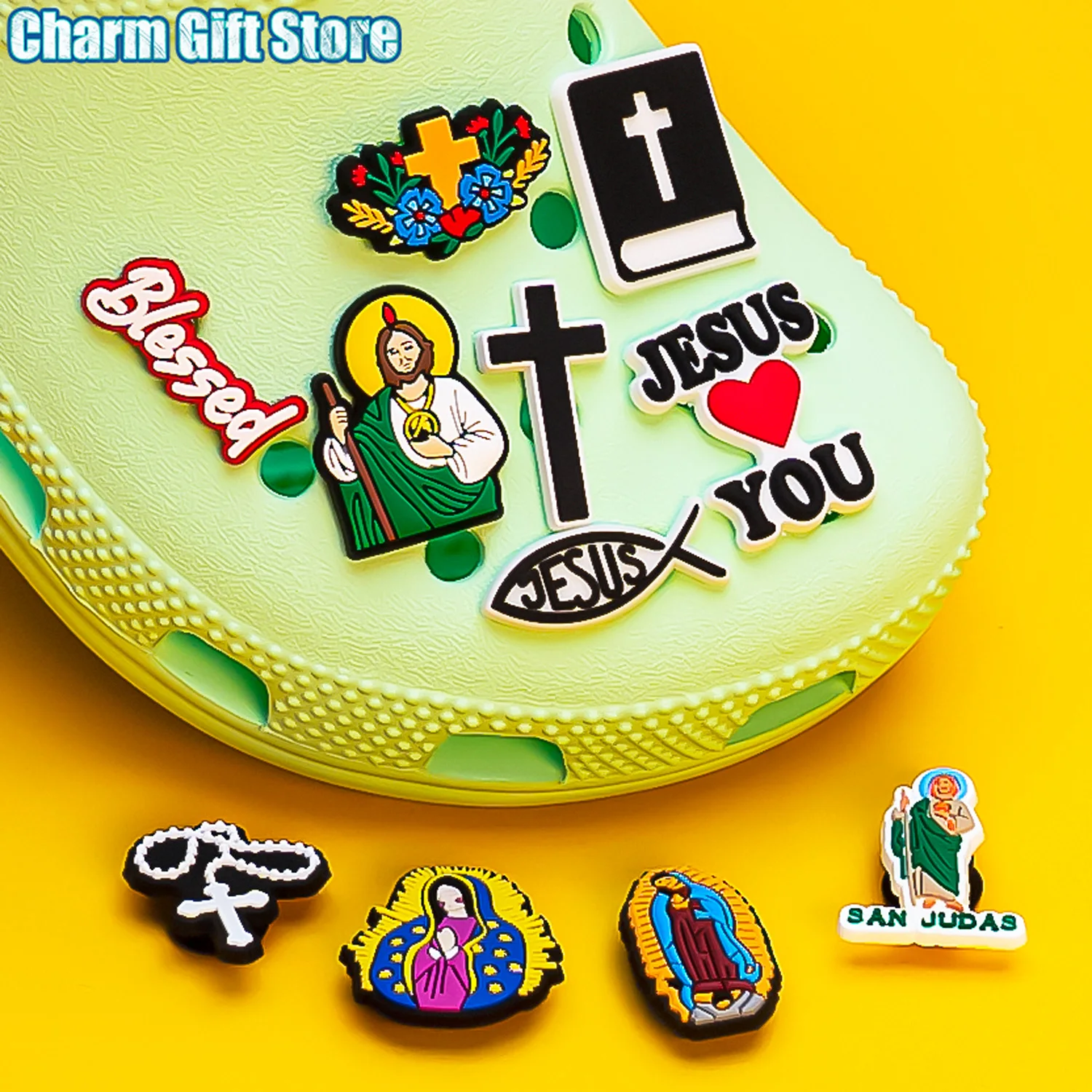 Color: camel - 1pcs New Shoe Charm Religion PVC Clog Charms Crucifix Blessed Virgin Mary Clog Pin Clips Jeans Garden Sandal Shoe Decoration