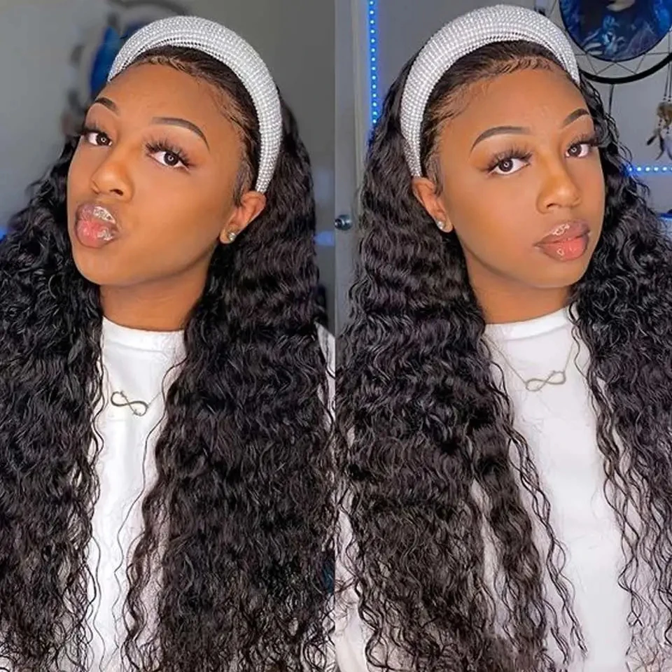 Stretched Length: 18inches, Density: 180% - Deep Wave Headband Wig Indian Human Hair Full Machine Made Wigs 200 Density For Women Easy Go Water Scarf Wigs 12-24 Inch Wig
