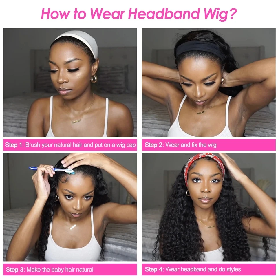 Stretched Length: 18inches, Density: 180% - Deep Wave Headband Wig Indian Human Hair Full Machine Made Wigs 200 Density For Women Easy Go Water Scarf Wigs 12-24 Inch Wig