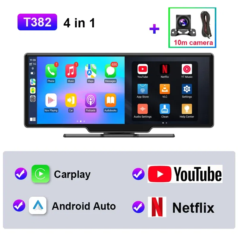 Color: Gold - JMCQ Universal 10.26" Android WIFI Car Multimedia Player Bluetooth Wireless Carplay auto Monitor Screen for YouTube for Netflix