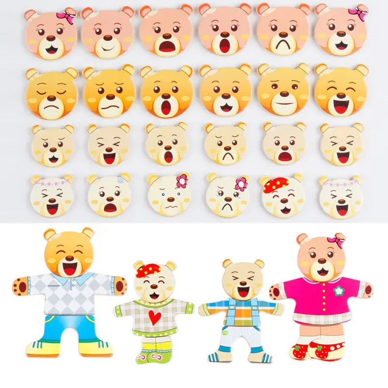 Color: light yellow - Cartoon Change Clothes Kids Early Educational Wooden Toy Jigsaw Puzzle Bear Dressing Game Montessori Baby Toys For Children Gift