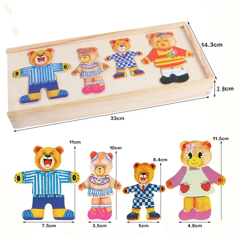 Color: light yellow - Cartoon Change Clothes Kids Early Educational Wooden Toy Jigsaw Puzzle Bear Dressing Game Montessori Baby Toys For Children Gift