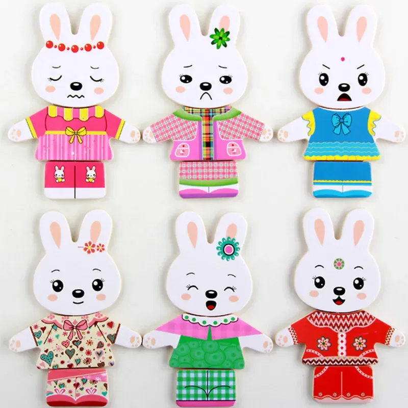 Color: light yellow - Cartoon Change Clothes Kids Early Educational Wooden Toy Jigsaw Puzzle Bear Dressing Game Montessori Baby Toys For Children Gift