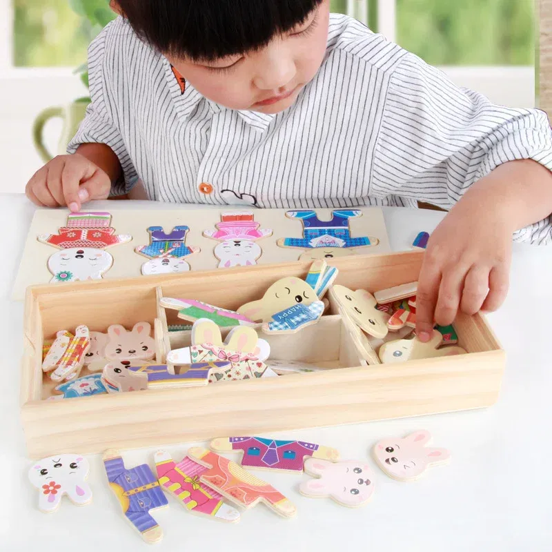 Color: light yellow - Cartoon Change Clothes Kids Early Educational Wooden Toy Jigsaw Puzzle Bear Dressing Game Montessori Baby Toys For Children Gift