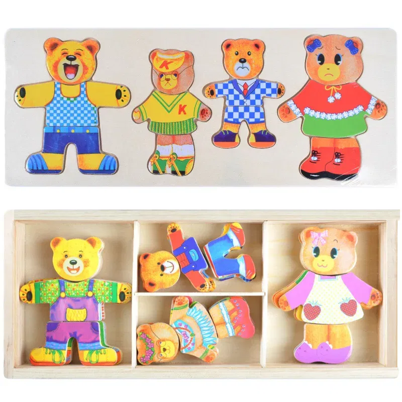 Color: light yellow - Cartoon Change Clothes Kids Early Educational Wooden Toy Jigsaw Puzzle Bear Dressing Game Montessori Baby Toys For Children Gift