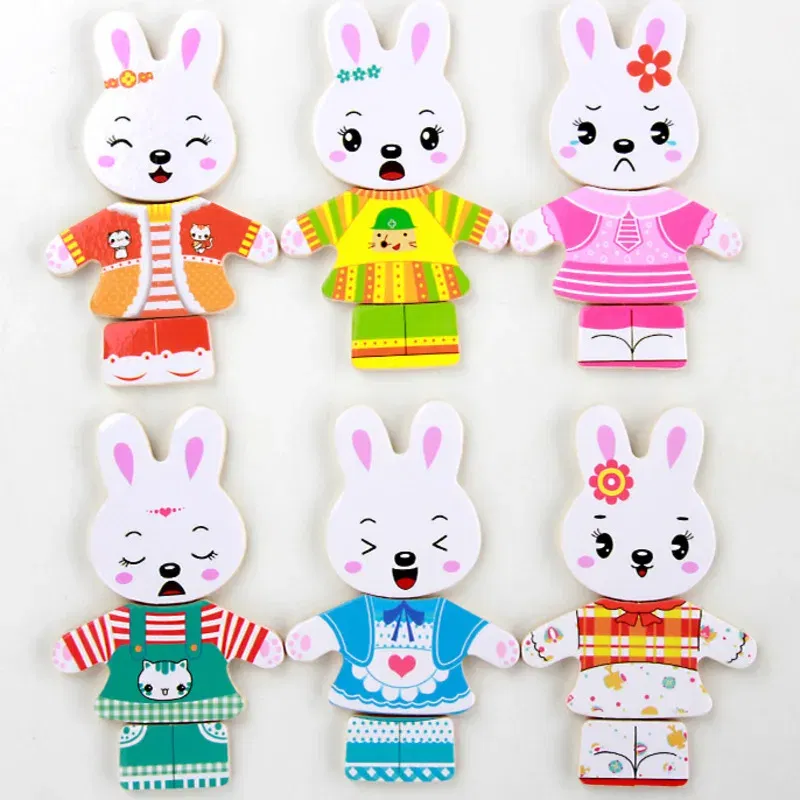 Color: light yellow - Cartoon Change Clothes Kids Early Educational Wooden Toy Jigsaw Puzzle Bear Dressing Game Montessori Baby Toys For Children Gift