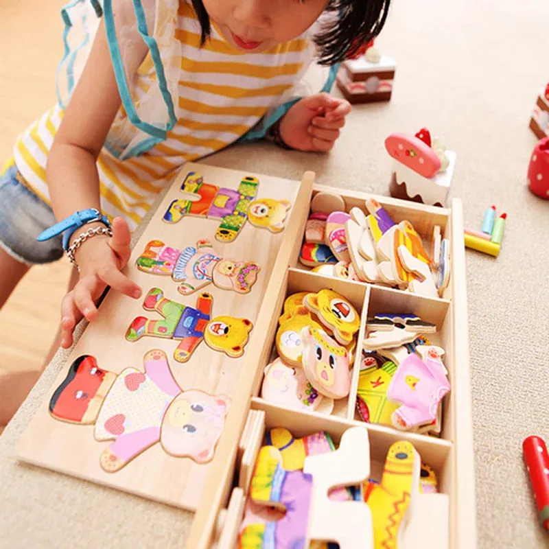 Color: light yellow - Cartoon Change Clothes Kids Early Educational Wooden Toy Jigsaw Puzzle Bear Dressing Game Montessori Baby Toys For Children Gift