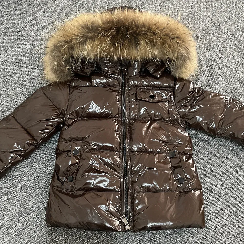 Color: green, Kid Size: 12 - Kids Winter Down Jacket Shiny Real Raccoon Fur Collar Toddler Boys Hooded Coat Baby Girls Warm Snowsuit Children's Parkas