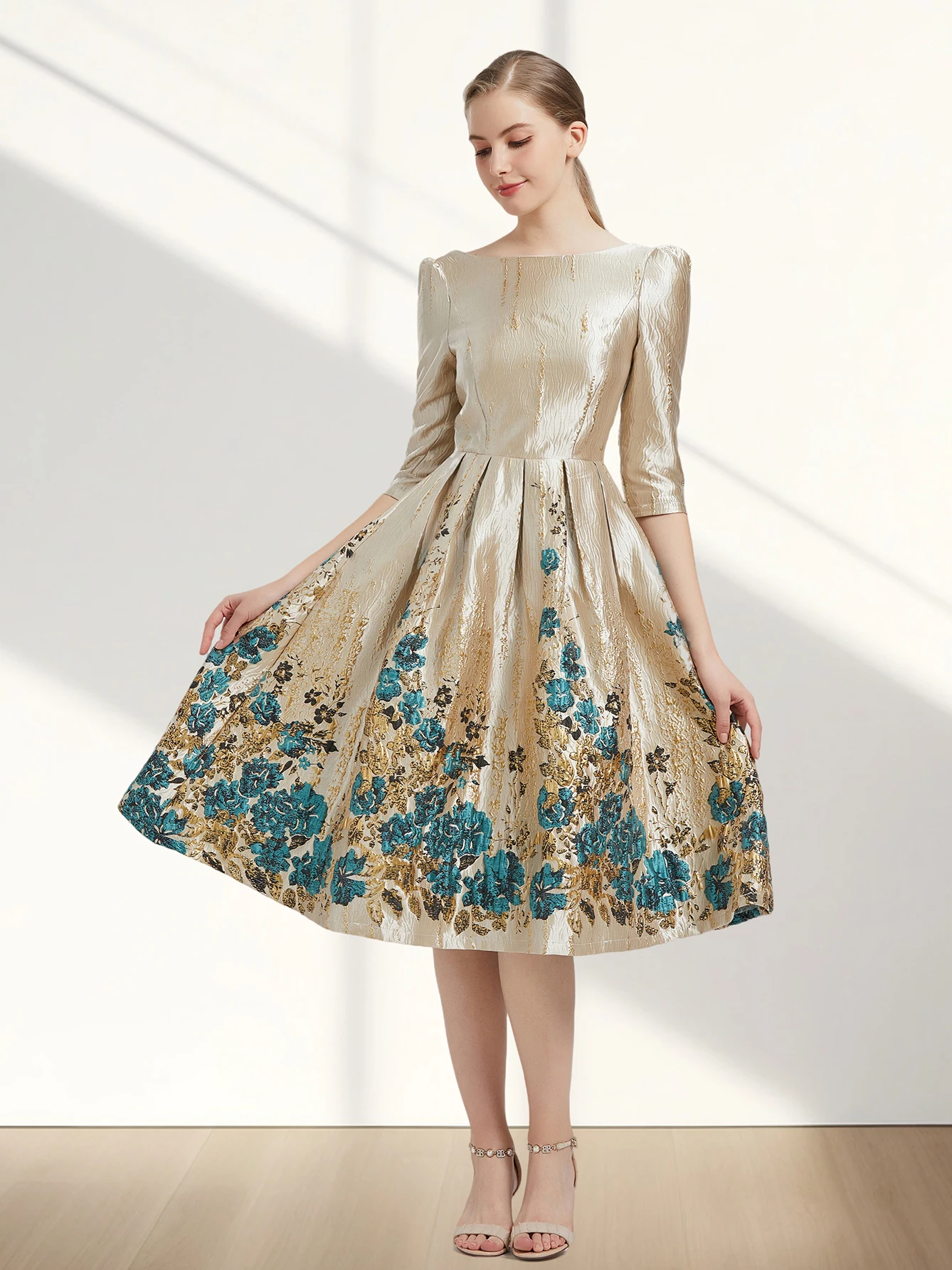 Color: Beige, Size: 2XL - Women Luxury Floral Jacquard Dress 2024 New Fashion Sleeve Party Long Brocade Elegant Casual Girls Evening Clothing