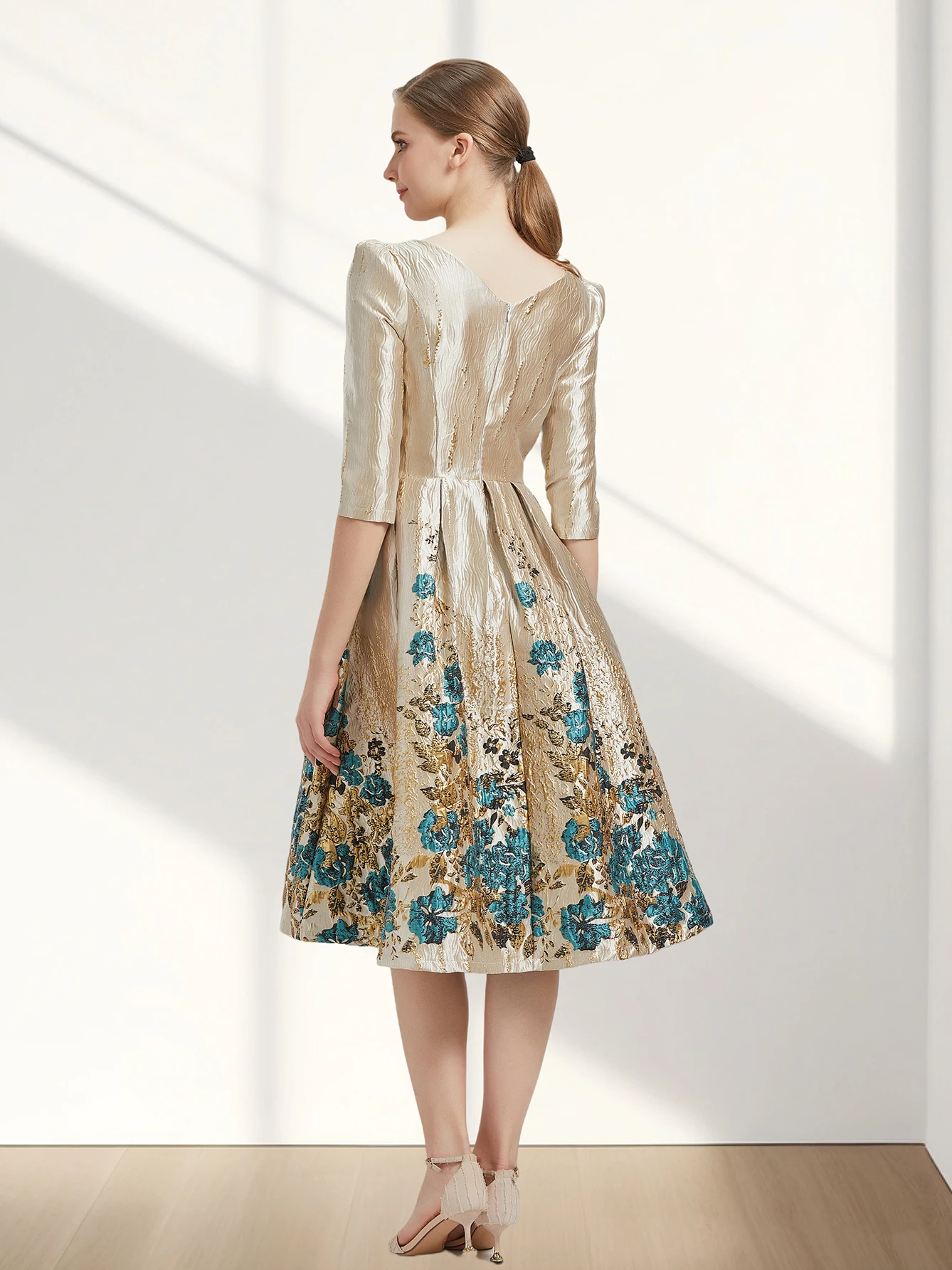 Color: Beige, Size: 2XL - Women Luxury Floral Jacquard Dress 2024 New Fashion Sleeve Party Long Brocade Elegant Casual Girls Evening Clothing