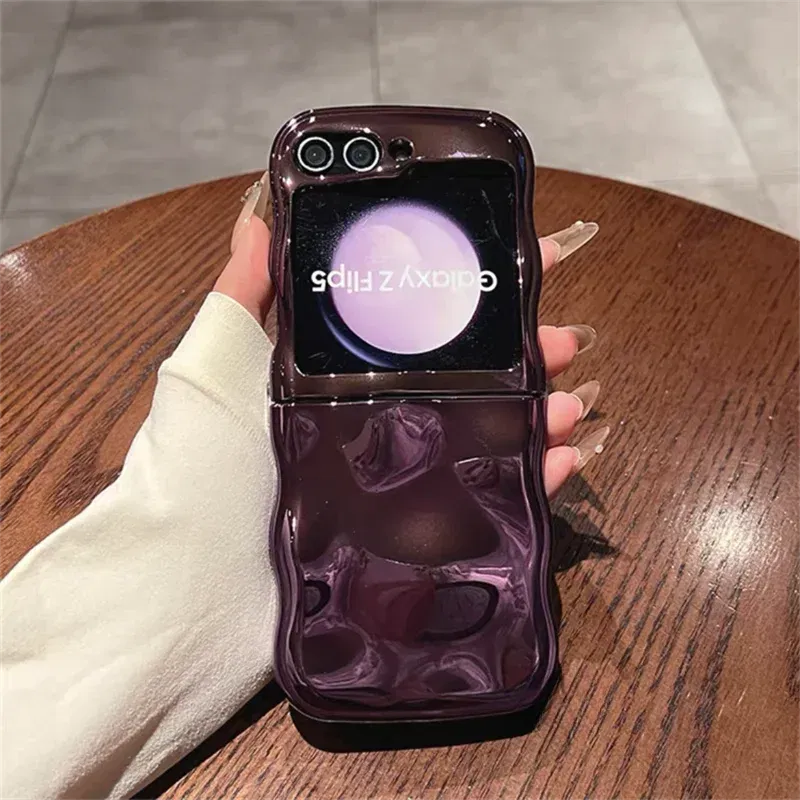 Color: SKY BLUE, Material: aluminum - Cartoon Stone Pattern Gloss Wave Case for Samsung Galaxy Z Flip 6 5 flip6 Plating Meteorite Soft TPU Shockproof Ins Korean Cover