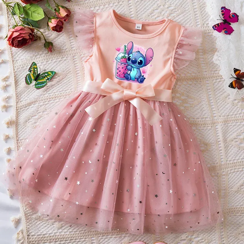 Color: Khaki, Kid Size: 2T - Lilo Stitch Girls Sequin Tutu Dress with Bow Flutter Sleeves Summer Princess Party Outfit for Toddler Kids 2-6 Years