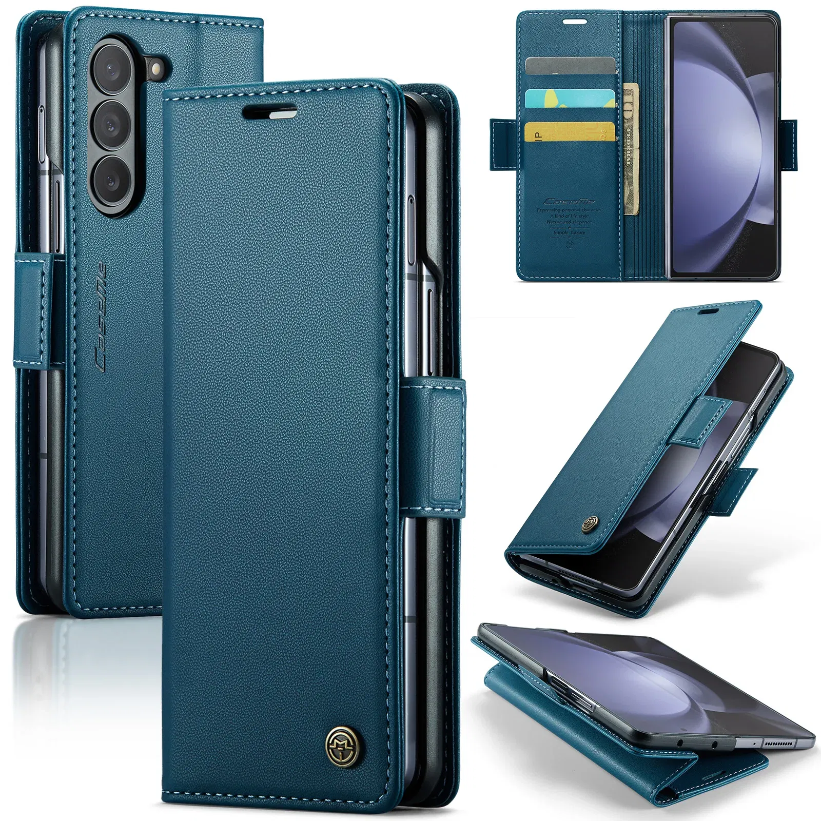 Material: ABS, Color: Blue - Business Style Folio Flip Leather Case for Samsung Z Fold 7 6 5 5G Fold7 Fold6 Magnetic Kickstand Card Holder Wallet Phone Cover