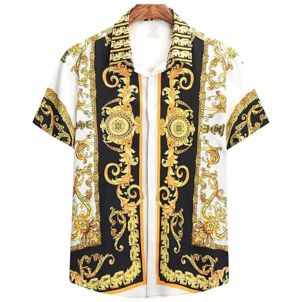 Color: black, Size: 4XL - Summer Fashion Men's Short Sleeve Casual Shirts Luxury Style Gold Printed Tops Everyday Casual Wear Men's Shirts Oversized Tops