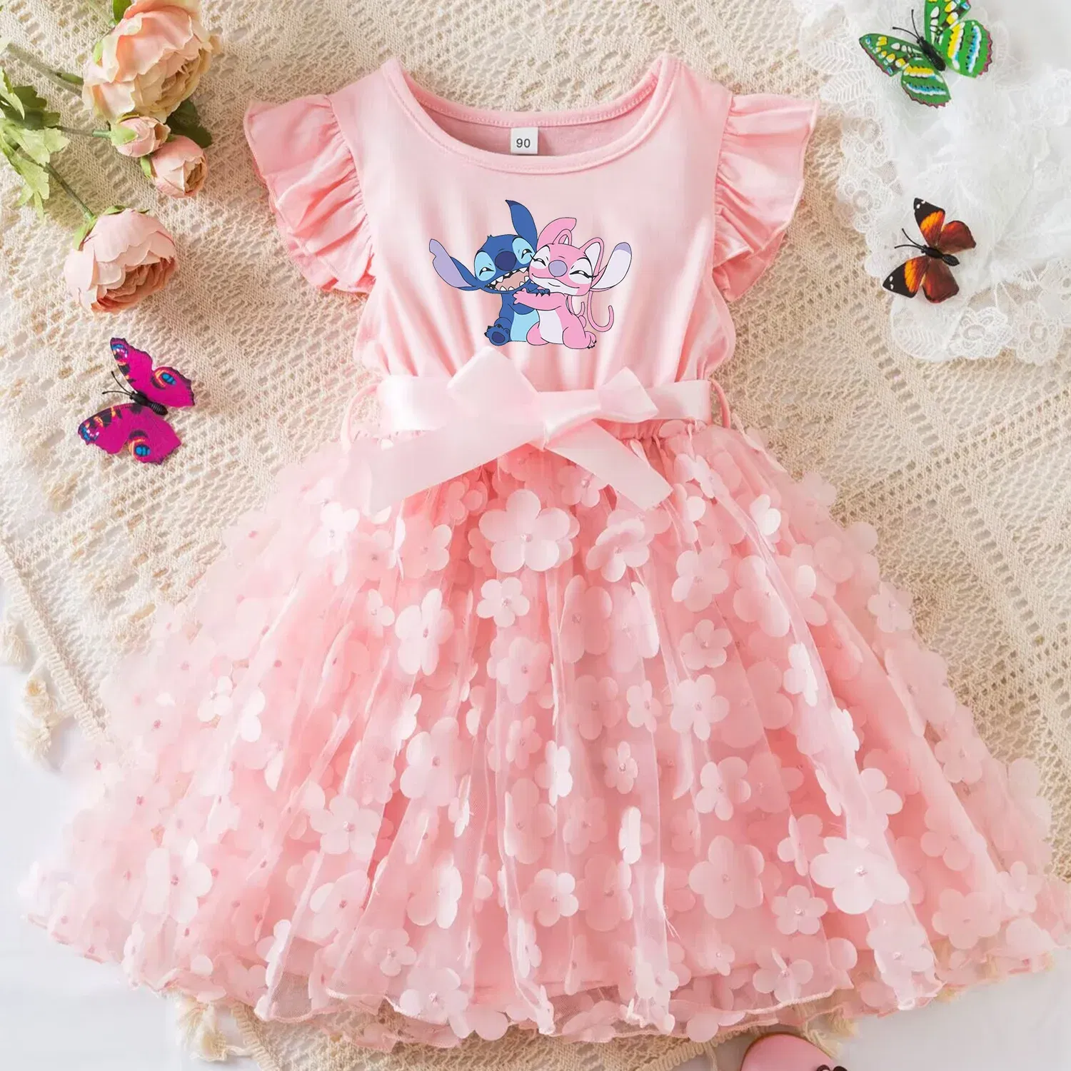 Color: green, Size: M - 3D Butterfly Cute Lilo Stitch Summer Dress for Kid's Casual Clothes Baby Girls Beautiful Princess Dress Party Dresses 2-6 Yrs