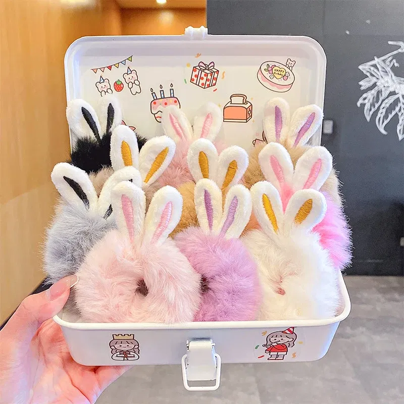 Color: Light purple - Korean Plush Rabbit Ear Hair Scrunshies Autumn Winter Candy Color Cute Horsetail Ball Hair Rope High Elastic Rubber Band Girl