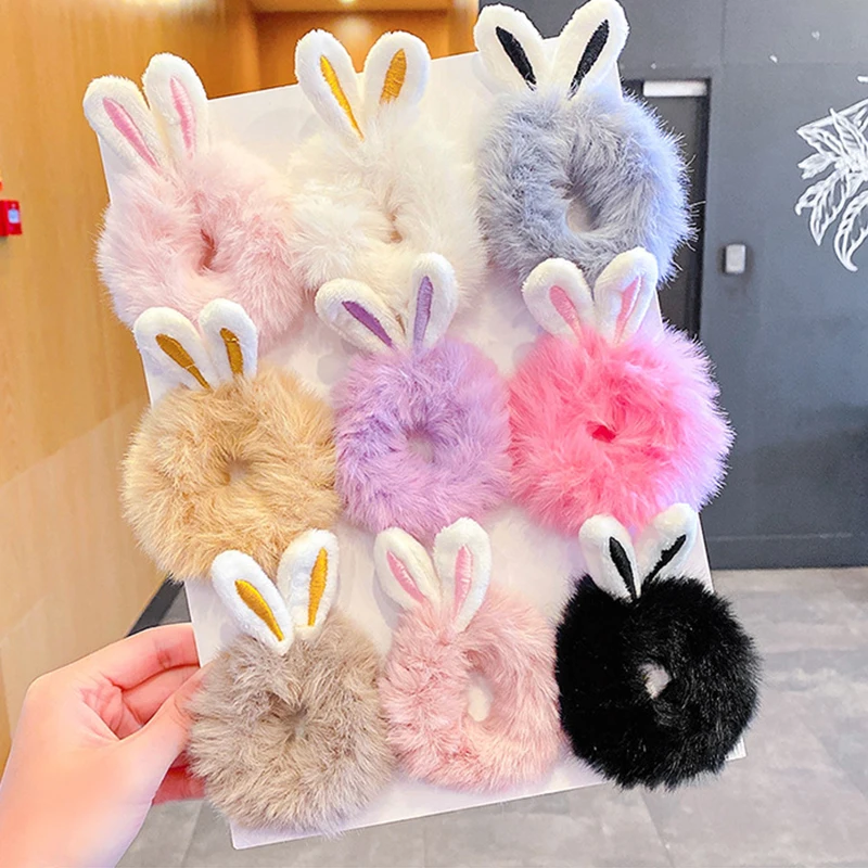 Color: Light purple - Korean Plush Rabbit Ear Hair Scrunshies Autumn Winter Candy Color Cute Horsetail Ball Hair Rope High Elastic Rubber Band Girl