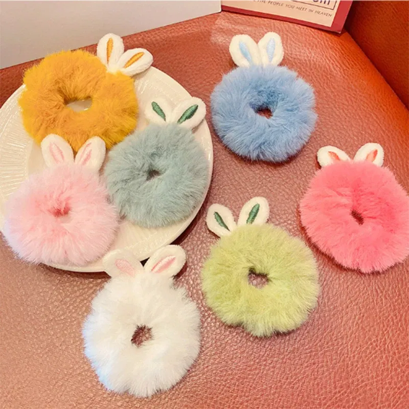 Color: Light purple - Korean Plush Rabbit Ear Hair Scrunshies Autumn Winter Candy Color Cute Horsetail Ball Hair Rope High Elastic Rubber Band Girl