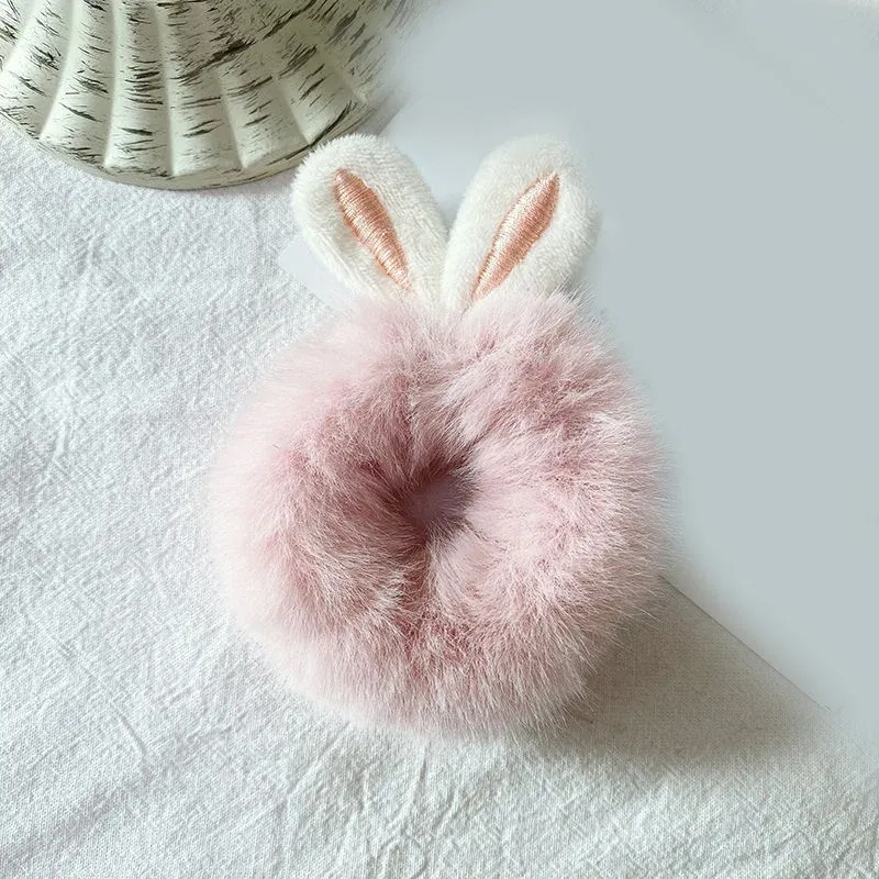 Color: Light purple - Korean Plush Rabbit Ear Hair Scrunshies Autumn Winter Candy Color Cute Horsetail Ball Hair Rope High Elastic Rubber Band Girl