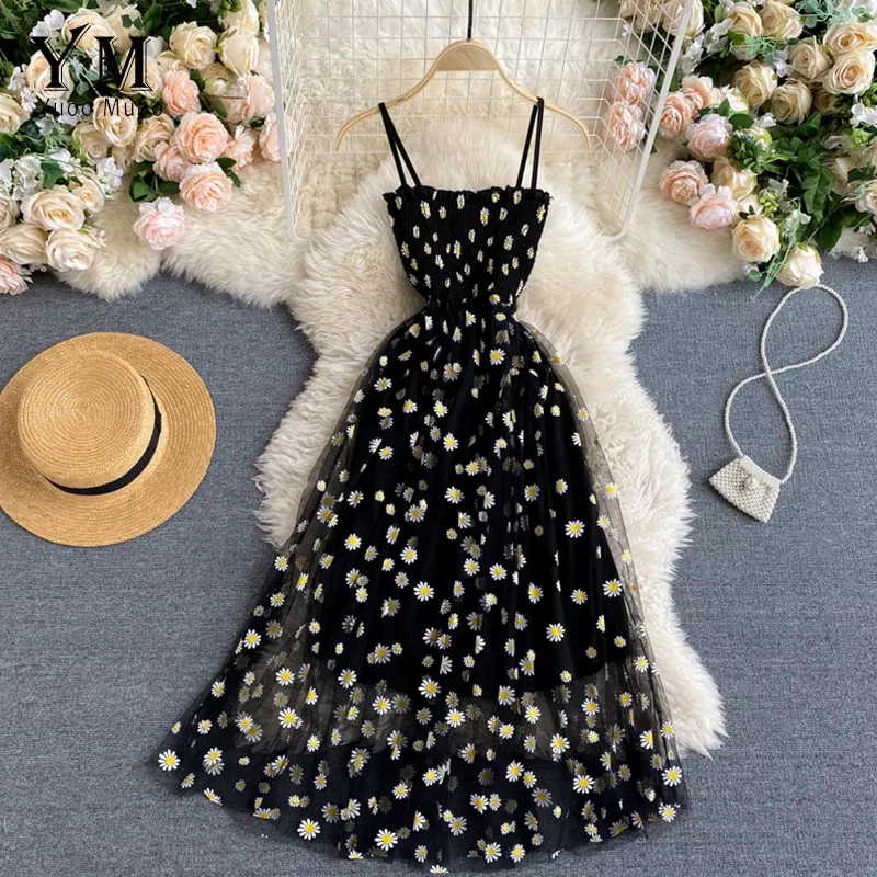 Color: Blue, Size: One Size - YuooMuoo Korean Fashion Daisy Flower Print Mesh Party Dress Summer Two Layers Spaghetti Strap Vacation Midi Dress Beach Vestidos