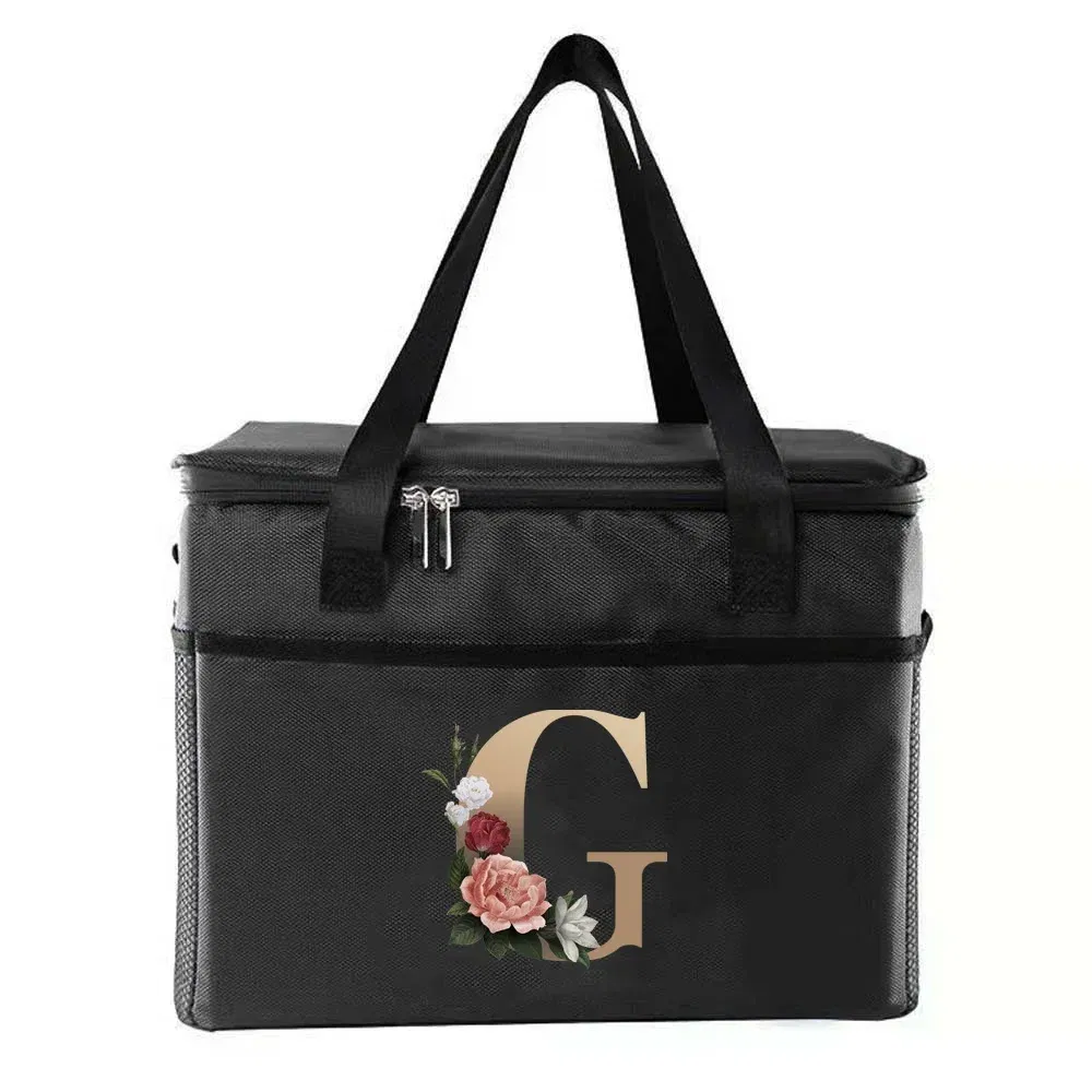 Color: GRAY - Thermal Bag Portable Lunch Bags Insulated Cooler Bag Food Bento Bags Printing Gold Letter Series Travel Picnic Storage Ice Bags