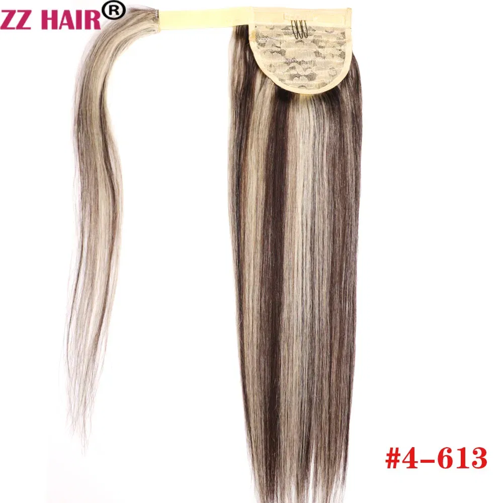 Color: P4/613, Life Span: 6 Months With Proper Care, Stretched Length: 18inches, Longest Hair Proportion: 35%-45% - ZZHAIR 100% Human Hair Extensions 16"-28" Machine Made Remy Magic Wrap Around Ponytail 60g-120g Clip In Horsetail Stragiht