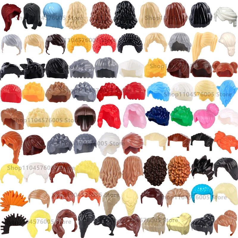 Color: Multicolor - MOC Brown Hair Building Blocks City Figures Body Creative Accessory Blond Gold White Parts DIY Hats Mini Bricks Assemble Toy S04