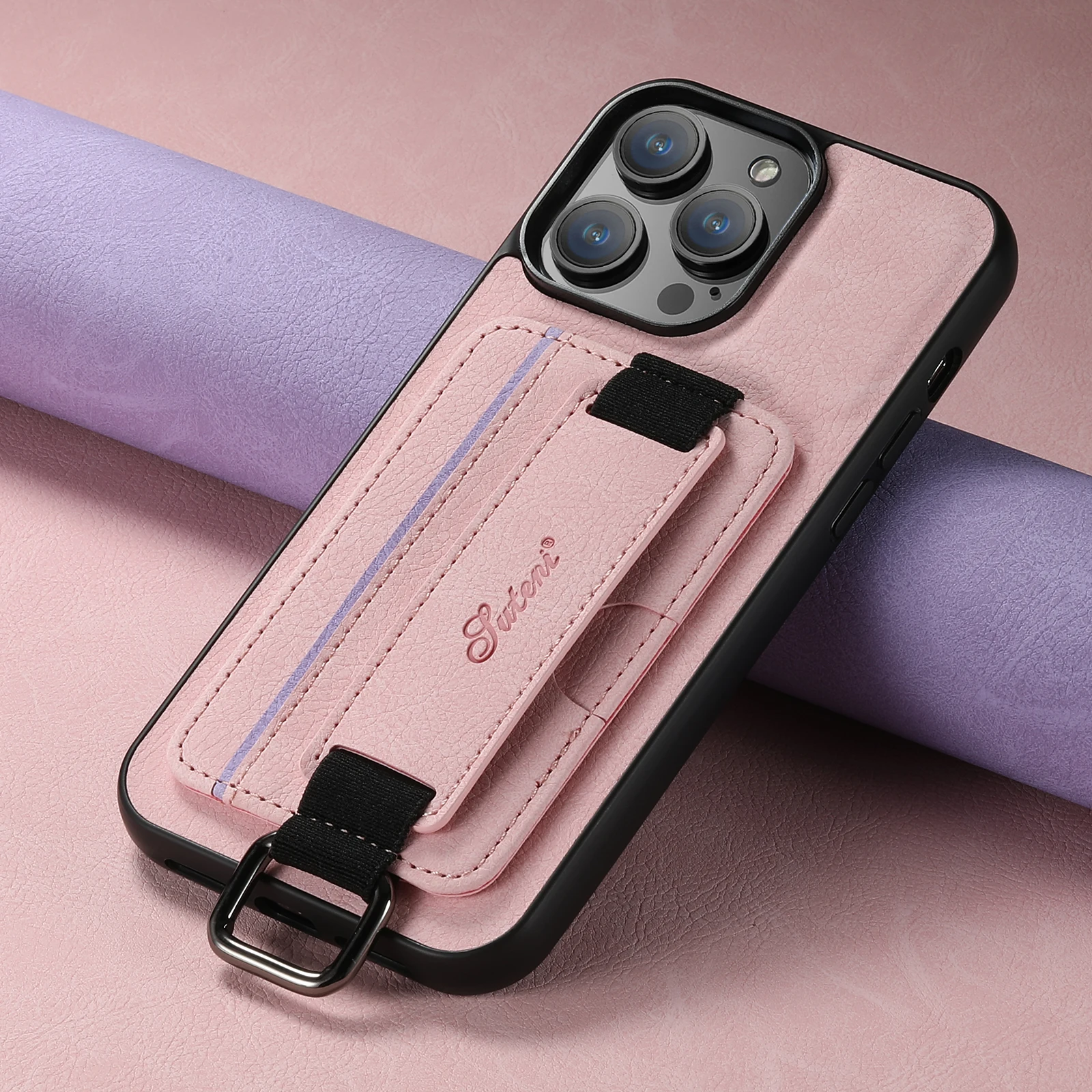 Color: pink, Material: Pc + tpu - SUTENI Lychee skin print wrist strap card phone case Card holder for iPhone 16 ProMax 15 Plus 14 13 12 11 XR XS Black/blue/brown