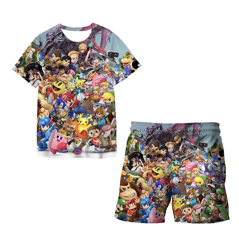 Color: PURPLE, Size: 40cm - New Japanese cartoon Sonic T-shirt children's top T-shirt shorts two-piece set summer boy cartoon cute T-shirt+beach pants
