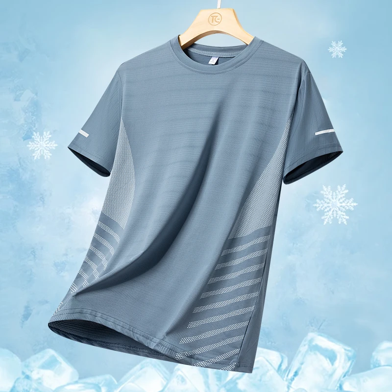 Color: green, Size: M - Men's Silk Ice Round Collar T-shirt, Simple Running Fitness Suit, Breathable Thin T-shirt, Quick Dry T-shirt, Summer