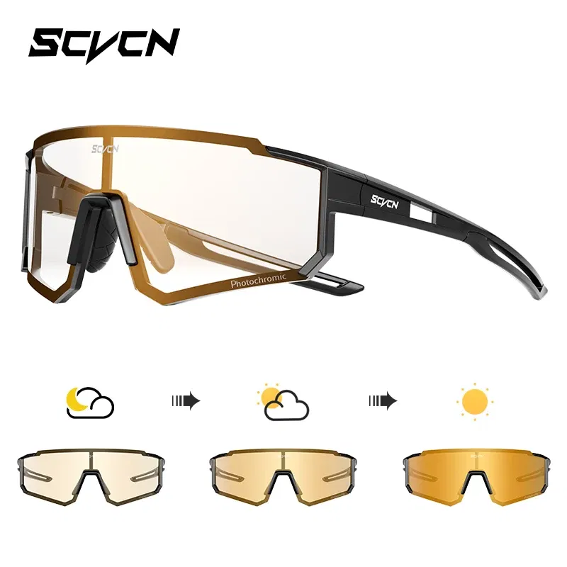 Color Name: Orange - SCVCN Color Photochromic Cycling Glasses Outdoo Fashion Sports Sunglasses Men MTB Cycling Sunglasses Women Road Bike Glasses