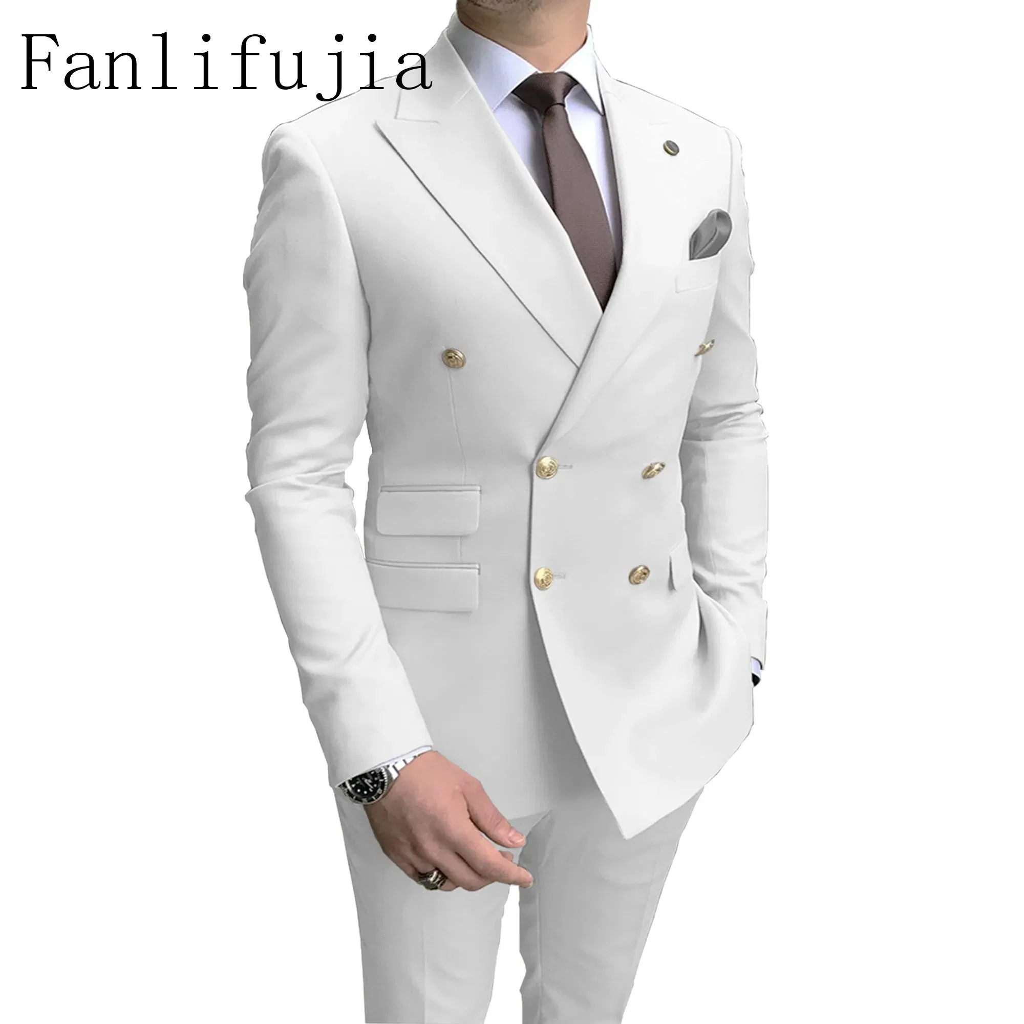 Color: WHITE, Size: XS - Fanlifujia Store 2024 Casual Sky Blue Men Suits Double Brested Peak Lapel Gold Button Groom Wedding Tuxedos Best Costume Homme