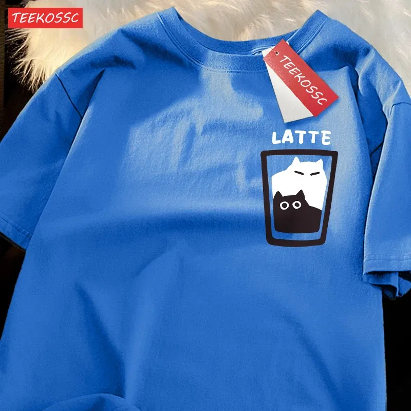 Color: Red, Size: M - Mocha Latte Couple Outfit Cat Coffee Couple Male T-Shirts Graphic Cool Tee Shirt High-Quality Oversized Tshirt Comfort Soft