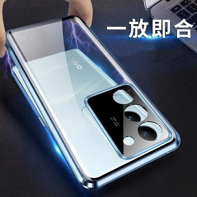 Color: Silver, Material: ABS - 360 Full Case For Vivo V29 5G V27 Pro V27E V25 V23 Double Sided Magnetic Adsorption Metal Capa Tempering Glass Clear Phone Cover