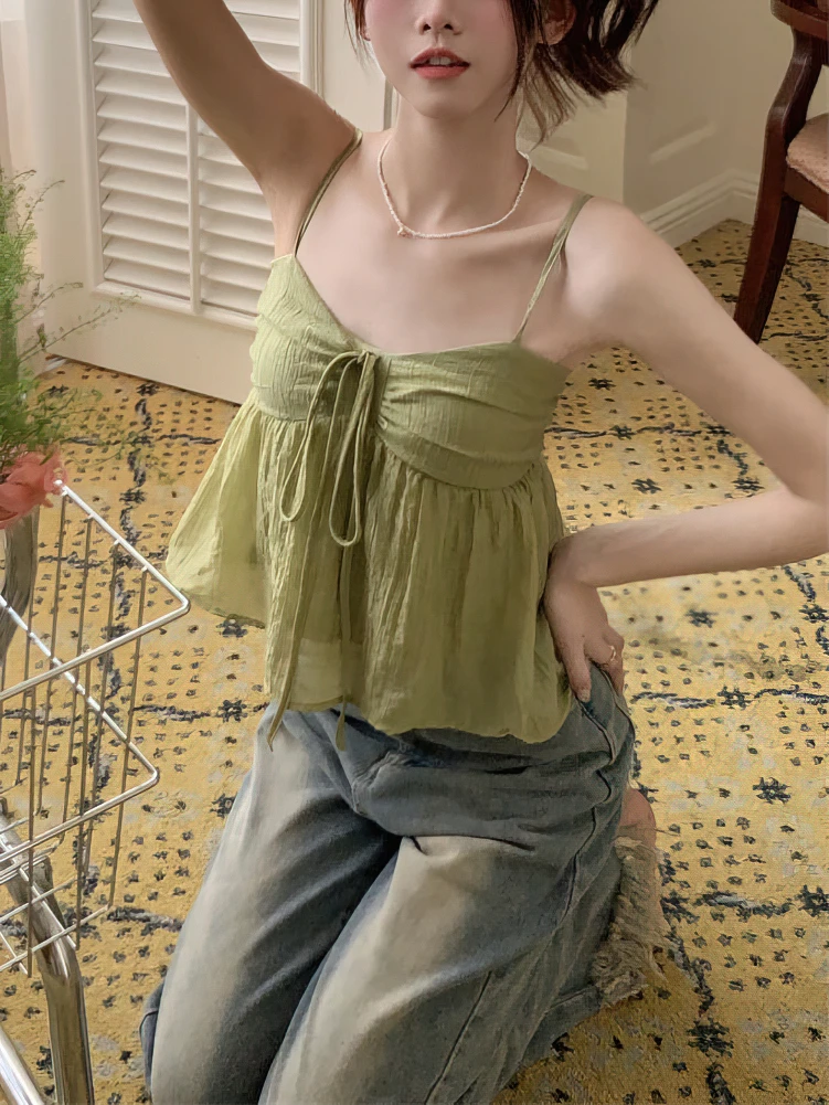 Color: green, Size: M - Women Linen Sweet Babydoll Ruffle Crop Sleeveless Top Thin Strap Front Bow Ties Flowy Camis Female Korean Tank Top