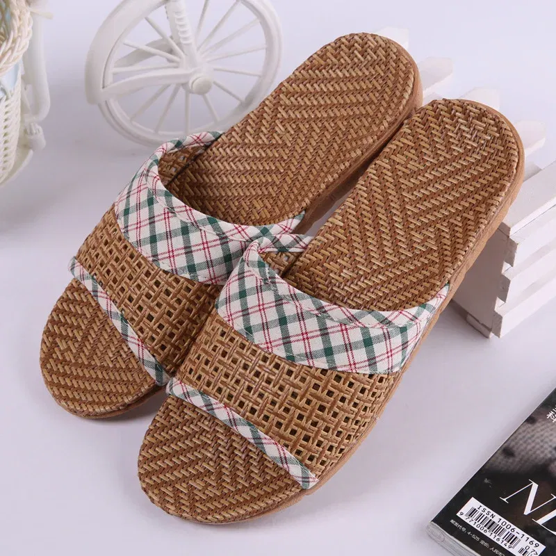 Color: Chocolate, Shoe Size: 43 - Mntrerm Summer Natural Bamboo Rattan Cane Grass Weaving Slippers Shoes Vine Grass Men Casual Slippers Non-slip Couples Slippers
