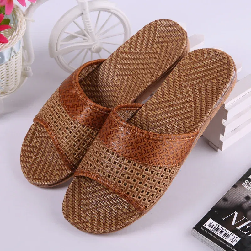 Color: Chocolate, Shoe Size: 43 - Mntrerm Summer Natural Bamboo Rattan Cane Grass Weaving Slippers Shoes Vine Grass Men Casual Slippers Non-slip Couples Slippers