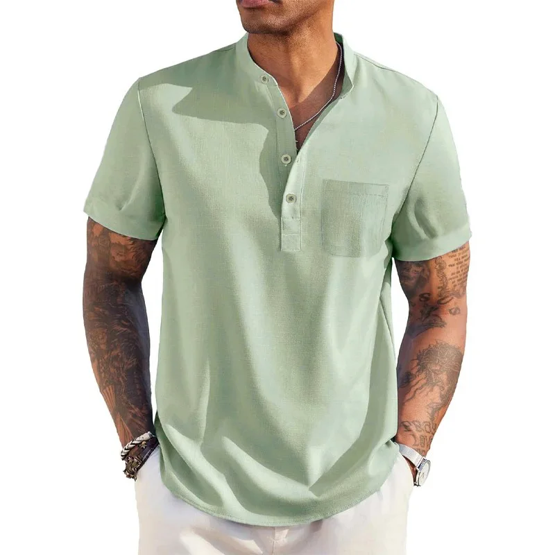 Color: Navy Blue, Size: L - Summer Men's Cotton Linen T-Shirt Henley Neck Pocket Casual Lightweight Breathable Beach Shirt Solid Color Basic Style Tops