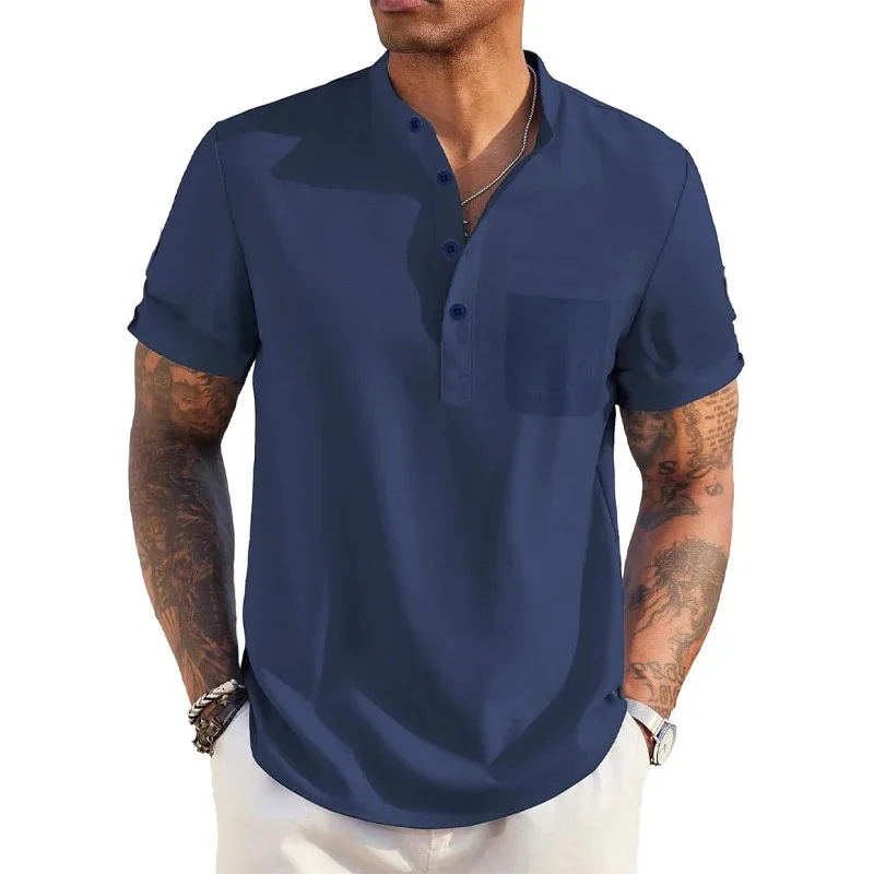 Color: Navy Blue, Size: L - Summer Men's Cotton Linen T-Shirt Henley Neck Pocket Casual Lightweight Breathable Beach Shirt Solid Color Basic Style Tops